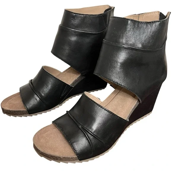 Diba True "Next N Line" Black Leather Wedge Sandals 10 NWOT - Picture 2 of 16